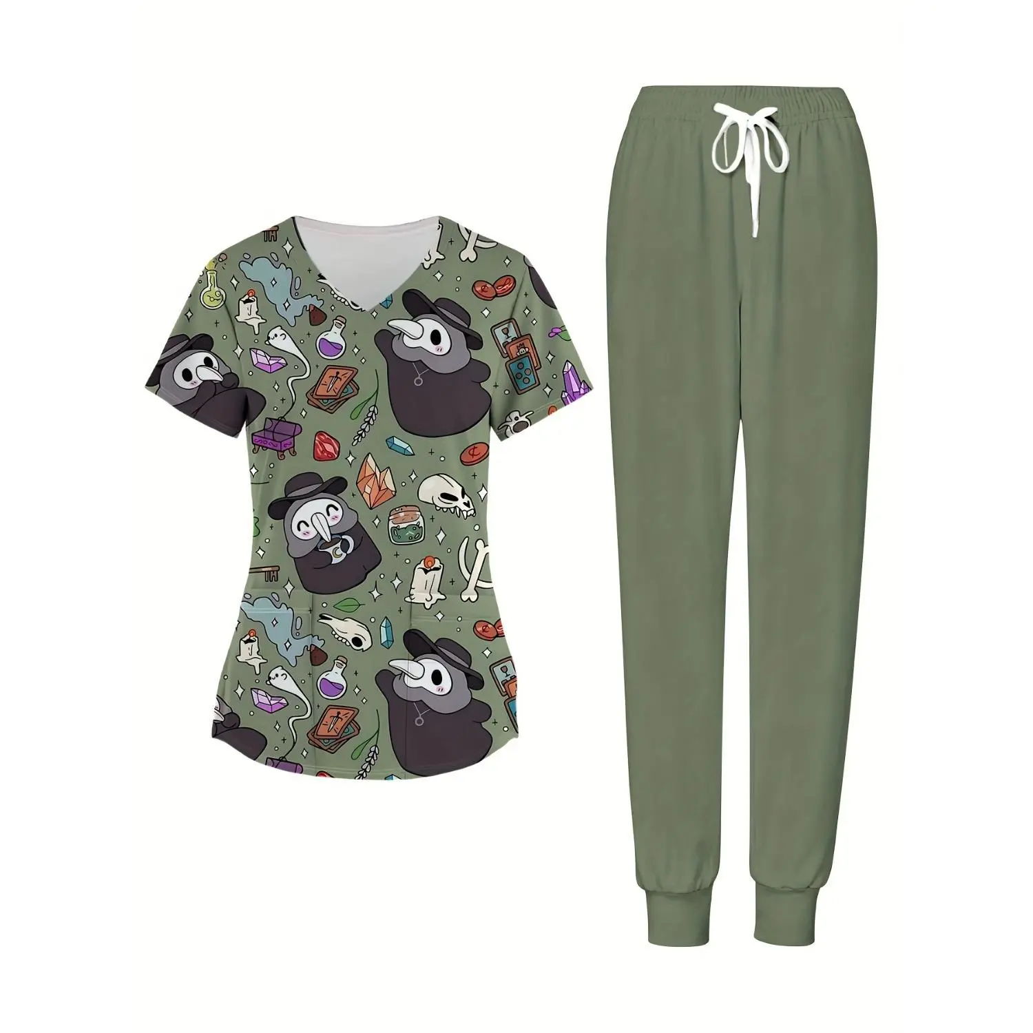 Caregiver Uniform Set: Olive Green V-Neck Top and Long-Sleeved Design with Cartoon Plague Doctors & Gothic Elements - Perfect for Casual Home Wear