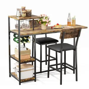 Garvee Dining Table Set for 2, 3-Piece Expandable Bar Table and Chairs Set, with Storage Shelves and Wine Rack, Small Kitchen Dining Set for Living Room, Apartment