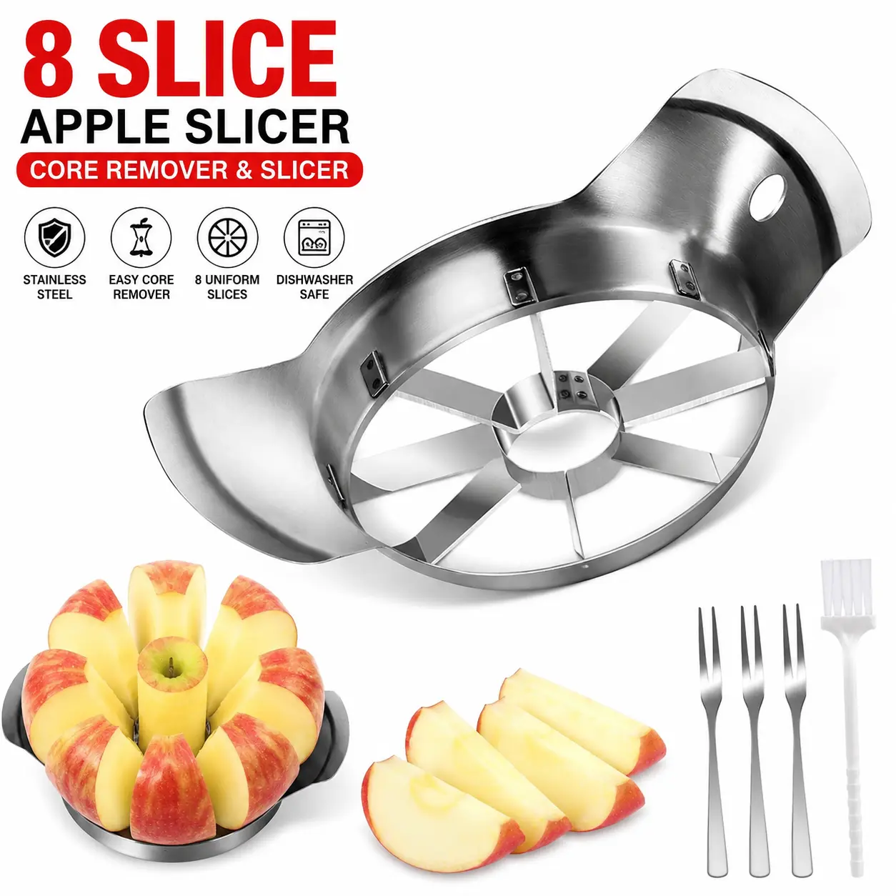 Apple Slicer – Stainless Steel 8 Slice Cutter with Sharp Blade & Core Remover, Heavy Duty Fruit Divider for Apples, Pears, Potatoes (Silver, Dishwasher Safe)