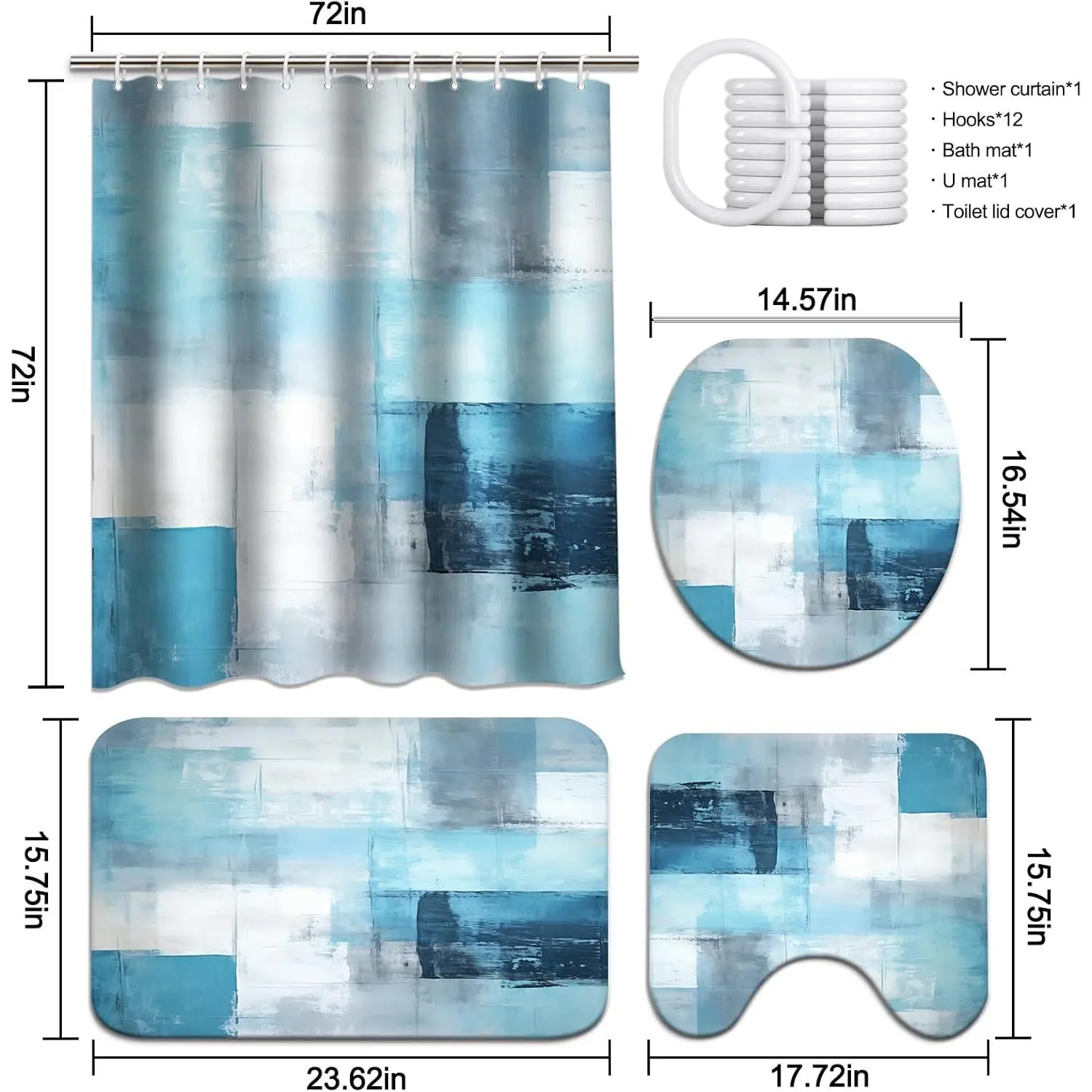 Lnond 4Pcs Bathroom Shower Curtain Sets with Rugs,Turquoise White Painting Art Bathroom Sets with Shower Curtain and Rugs and Accessories
