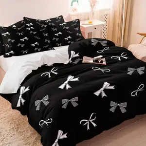 Black & white striped bow-knot print duvet cover set, one duvet cover & one or two coreless pillowcase,  exquisite & elegant, a unique & sophisticated, stylish & warm bedding, perfect for gifting, suitable for all seasons, available in multiple designs.
