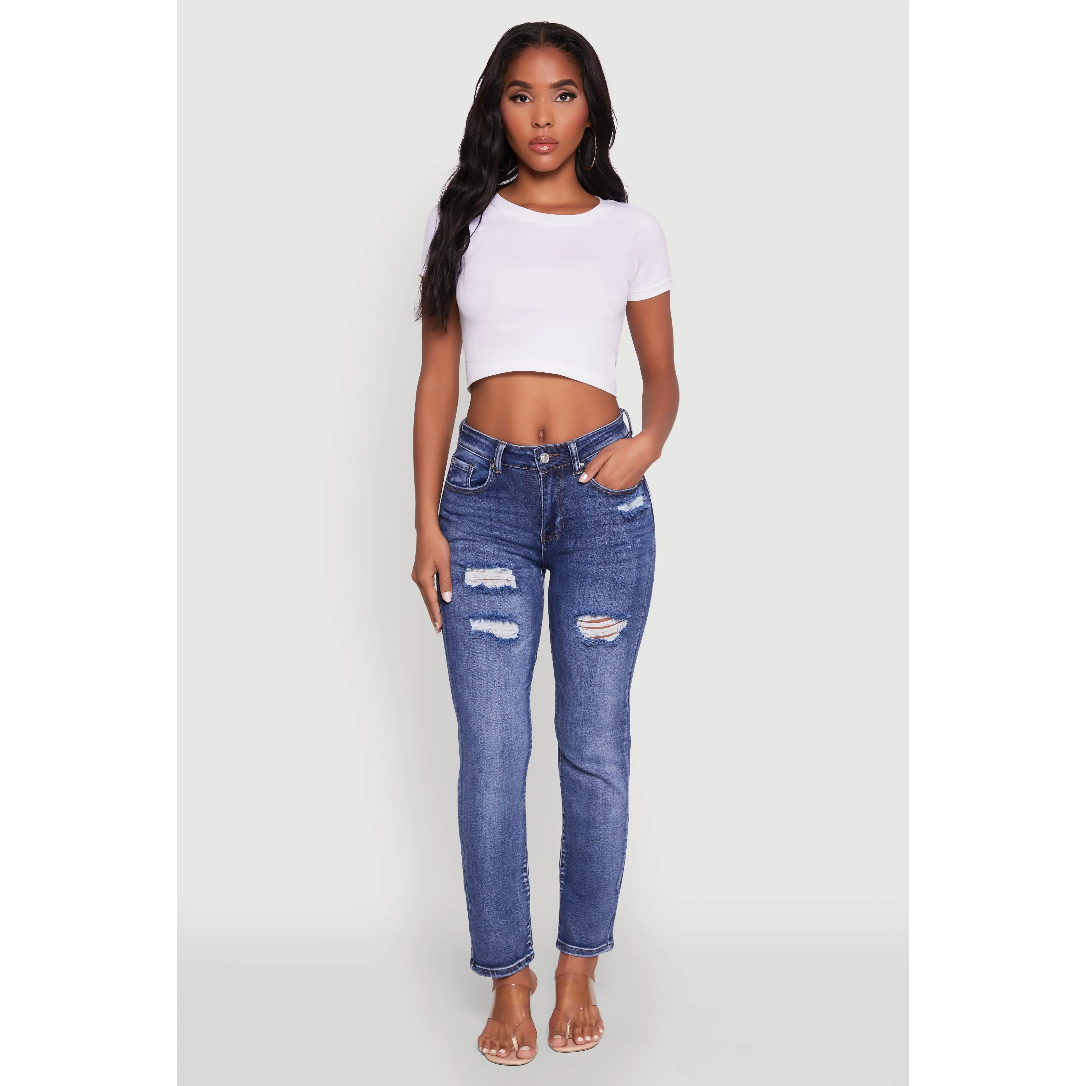 WAX Distressed Straight Leg Jeans