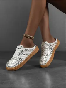Women's Gold Foil Leopard Print Mule Flats Shoes, Wide Toe Casual Backless Sneakers, Foot Clogs