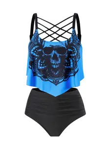 Women's Tankini Swimsuit Set - Blue & Black Skull Mandala Print, Crisscross Back Straps & High-Waisted Bottoms