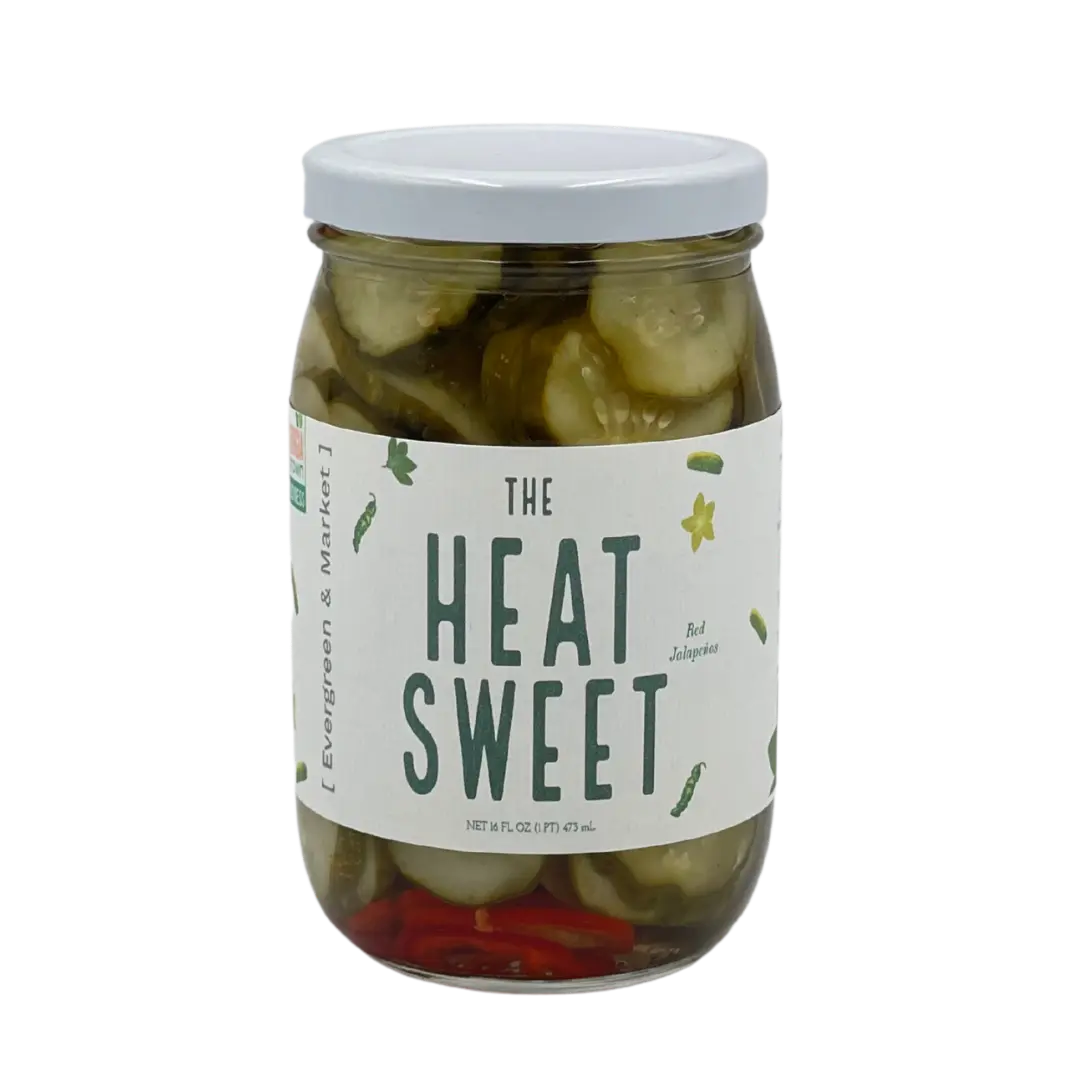The Heat & Sweet Pickle 17 oz Glass Jar with Resealable Lid Spicy-Sweet Harmony Red Jalapeños for Burgers Pizza BBQ & Cheese Boards