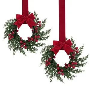 Christmas Wreath Decoration Set, Includes Two Artificial Hanging Wreaths with Ribbons, Rustic Style for Kitchen Cabinets, Chairs, Walls