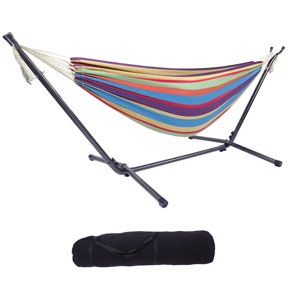 Double Hammock with Stand - 250lb Capacity Heavy-Duty Steel Frame & Carry Bag - Brazilian-Style Cotton for Backyard, Camping, Garden Outdoorfun