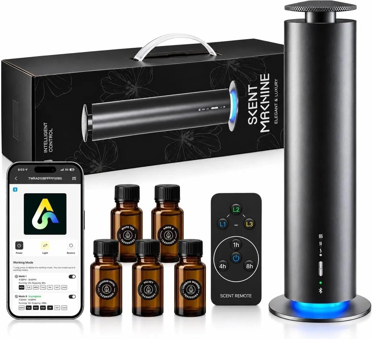 Waterless Scent Oil Diffuser - 120ml Container 2000 Sq Ft Coverage, 9-Hour Battery, 5*20ml Oils , Bluetooth & Remote, Portable Quiet Aroma Diffuser for Home, Office & Hotel
