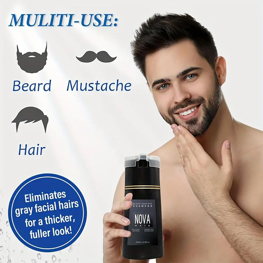 【Hair And Beard Color】Nova Gentle 2-In-1 Instant Dye Shampoo, Unisex Adult Haircare for Gray Hair, Dark Brown-1 & Black Options, 200 ml Natural Color Solution