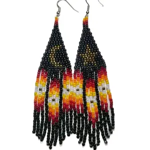 Native American Moon & Star Beaded Earrings - Black Glow in the Dark Pink Blue Colors Hook Earrings with Intricate Beadwork for Any Occasion