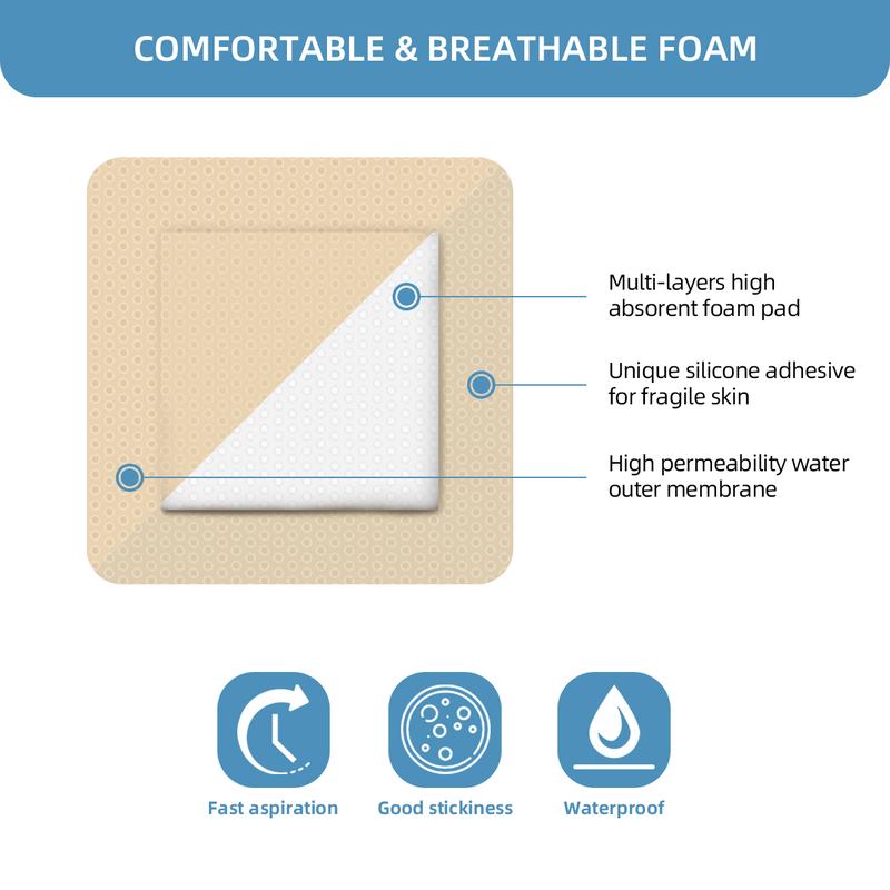 Senvok Silicone Adhesive Foam Dressing with Gentle Border 10cm x 10cm 10 Pack High Absorbency Waterproof Breathable Wound Bandage for Bed Sore Leg Ulcer Foot Diabetic Ulcer
