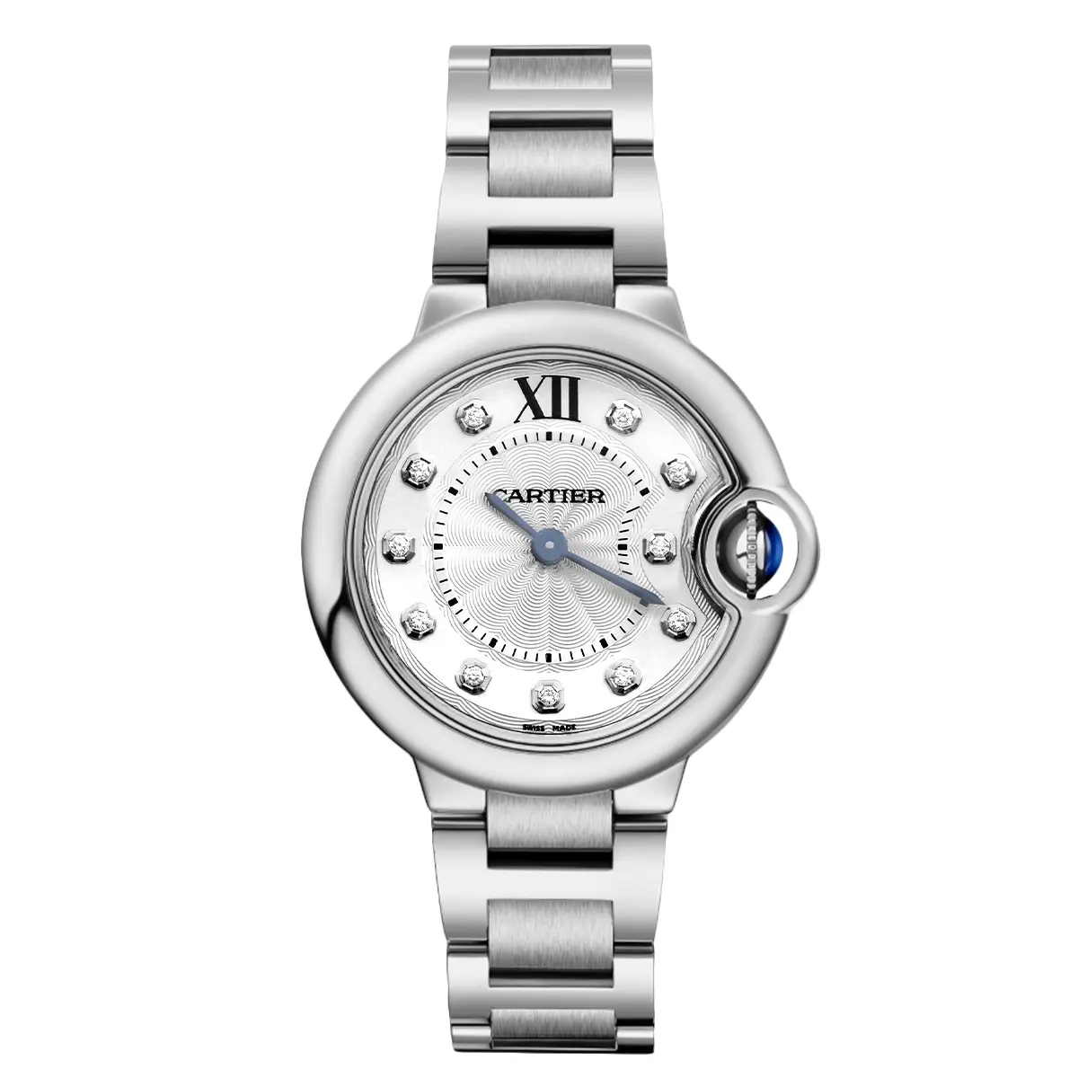 Cartier Ballon Bleu de Cartier WE902073 28mm Quartz Silver Guilloché Dial Stainless Steel Factory Diamond Ladies Watch WHP043106