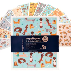 Puppington Pupper Towels Dog-Themed Swedish Dishcloths 12-Pack - Wet & Wipe - Eco Friendly Gifts for Dog Lovers