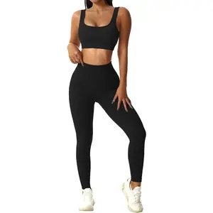 Sets for Women Two Piece Sets for Women Summer Seamless Ribbed High Waist Leggings with Sports Bra Gym Sets