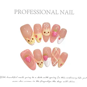 🐻 Bear Almond Press On Nails | Hand-Painted Kawaii Nail Art ✨ Sweet 'n' Spicy Style | Youthful Cartoon Vibes | Cute Girl Set,Rhinestone Gel,Strengthener Gel Builder
