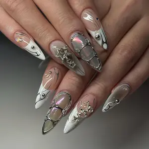 3D Silver Butterfly Wearable Nails, Almond Shaped Short Purple Manicure, Fake Nails with Gradient Effect, Wearable Nail Tips