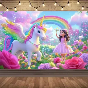 1pc 2d Dreamy Unicorn Rainbow Backdrop Banner Vibrant Gradient & Fairy Tale Floral Design Perfect for Girly Themed Parties, Magical Celebrations & Romantic Adult Gatherings Decor