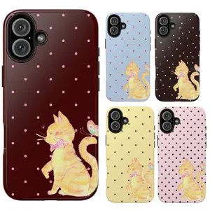 Retro Whimsical Yellow Kitty Polycarbonate Phone Case - Polka Dot Background, Vintage Aesthetic, Sweet Pastel Style, Waterproof Protective Cover, for Cat Lovers, Fits 7,8,11,12,13,14,15,16,17 Mobile Devices, Tech Accessories, Cellphone Casing Accessory