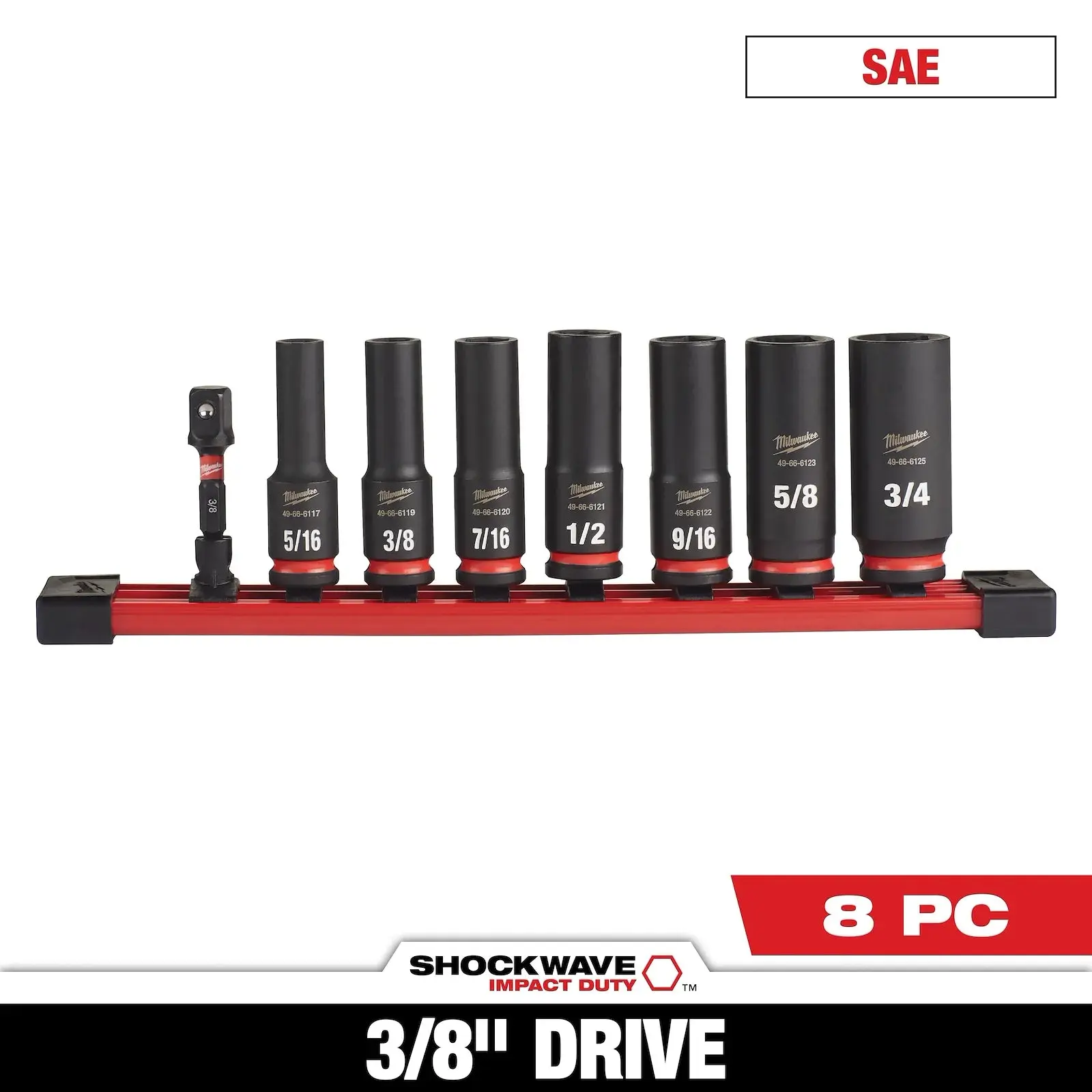 Milwaukee 49-66-7024 8-Pieces Impact Duty 3/8" Drive SAE Deep 6 Point Impact Sockets Set, High Torque Tool for Heavy-Duty Fastening Tasks