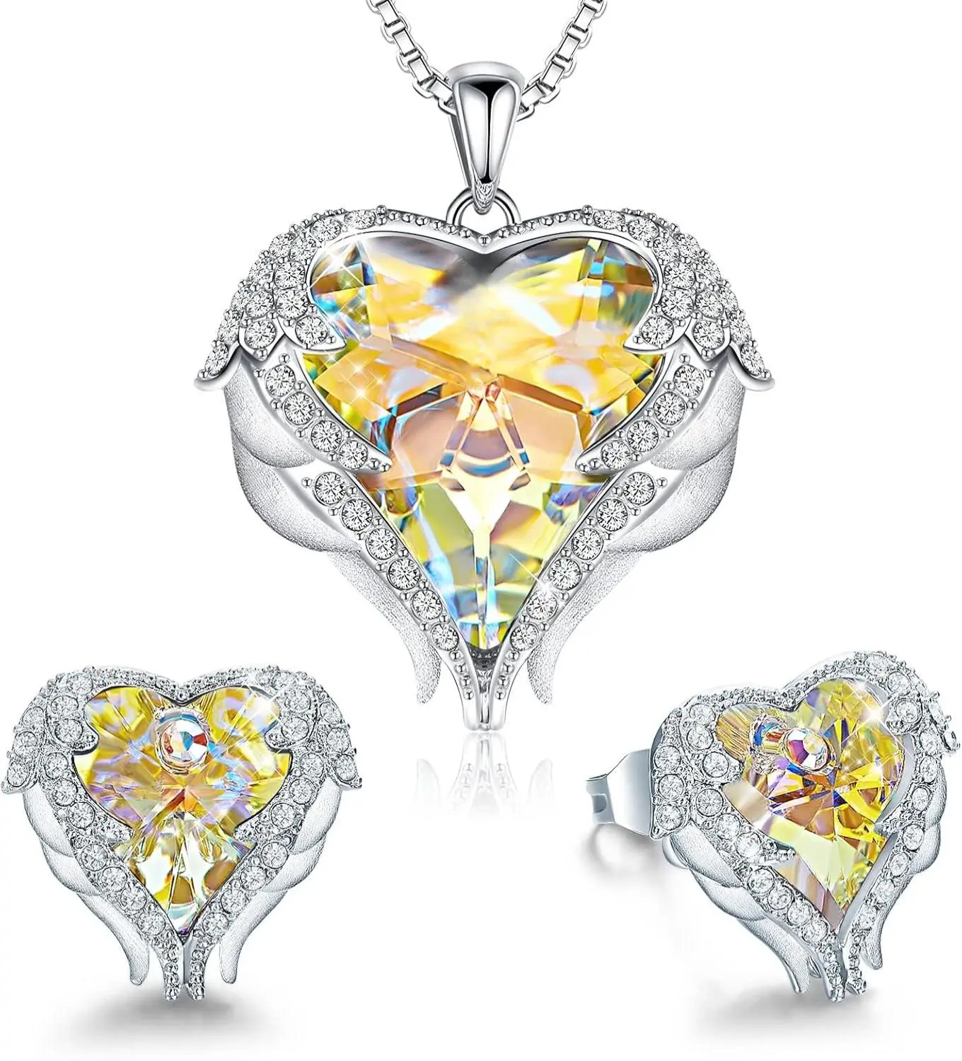 CDE Mothers Day Jewelry Set for Women, Angle Wing Heart Pendant Necklaces and Earrings with Birthstone， Birthday/Anniversary Christmas Jewelry Gift for Women Wife Her