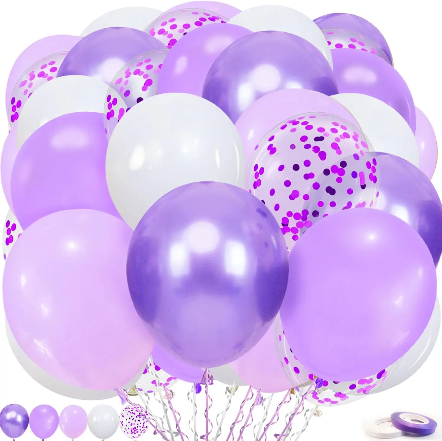 Lavender Purple Balloons, 60 count 12inch Metallic Balloons Lavender Lilac Confetti Balloons with Purple Ribbons Set for Birthday Bridal Shower Wedding Party Decorations