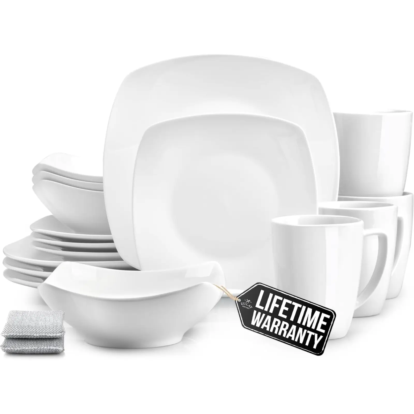 Zulay Kitchen 16-Piece Dinnerware Set for 4 - Stylish Durable Square Porcelain Dishes, Chip & Scratch-Resistant, Dishwasher & Microwave Safe