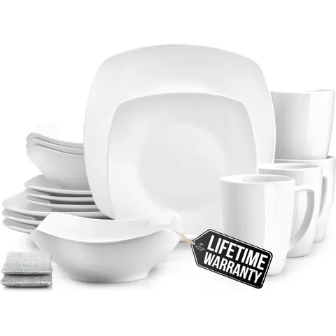 Zulay Kitchen 16-Piece Dinnerware Set for 4 - Stylish Durable Square Porcelain Dishes, Chip & Scratch-Resistant, Dishwasher & Microwave Safe