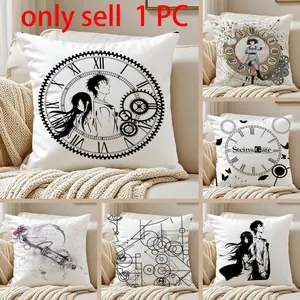 Anime S-Steins Gate Pillow Case Anti-dustmite Pillowcase Sofa Cushion Cover with Invisible Zipper Silky Short Plush Polyester Microfiber Fabric White Available in Standard Sizes for Home Bed Use