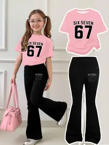 Girls' Sweet Cool 67 Letter Number Short Sleeve Bell Bottom Set, Girl Clothes School, Casual Outfit Set, Casual Fitted, All Seasons, Breathable and Comfortable