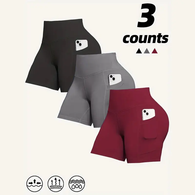 3pcs Women's Super Soft Biker Shorts - High Waist, No See-Through, Stretchy  shorts women Blend, with Pockets, Ideal for Yoga & Running, Assorted Colors, Fitness Apparel | Comfortable Sports Shorts | Stretchy Fabric Gym Leggings Gymclothes