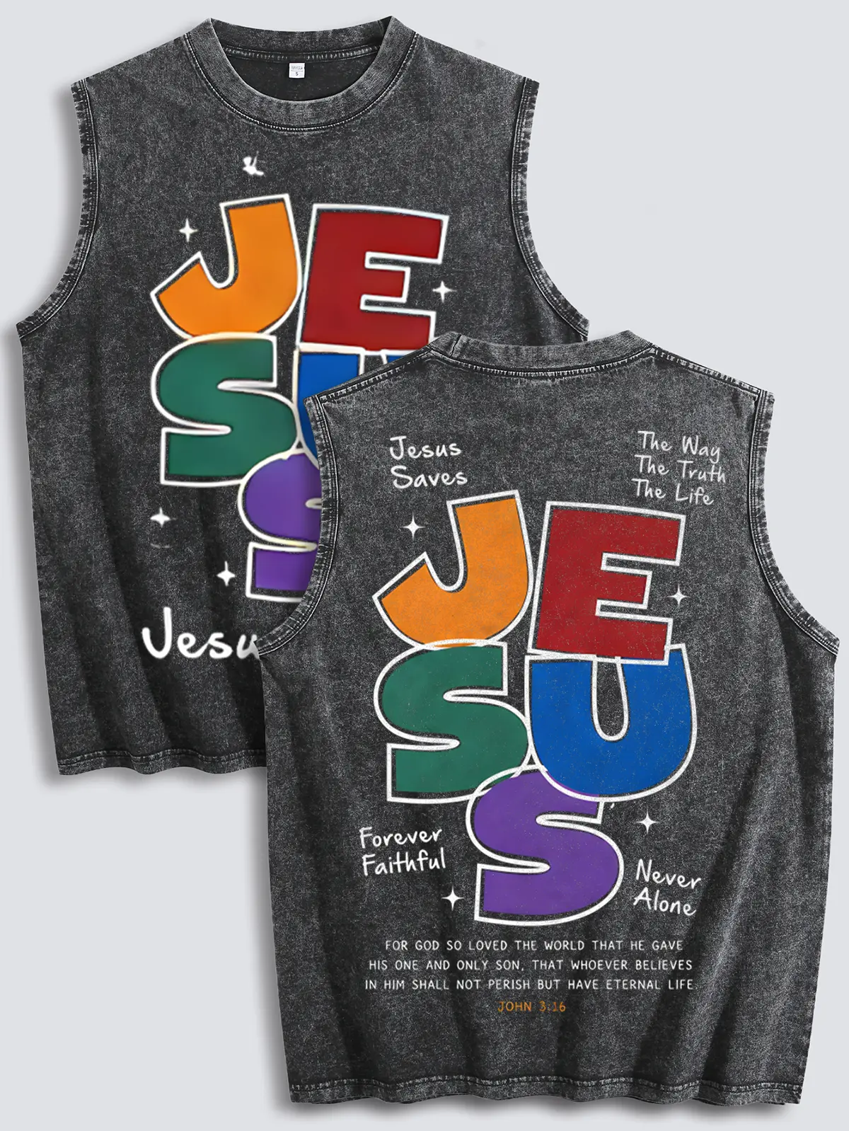 Menswear ，Jesus Faith  Colorful Pattern，Men's Vintage Gothic Oversized SleevelessGraphic Vest - Washed Black, Y2K Streetwear, SummerCasual Top singlets