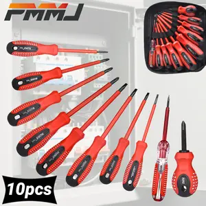 PMMJ 10pcs VDE Insulated Screwdriver, Insulated High Voltage 100-500V&1000V, Cr-V Steel, Magnetic Bits, Combination Phillips & Flat-head, Non-Slip Grip, Rust & Abrasion Resistant, for Home Repair, Electrical Work, DIY&Professional Tool Kit, Gift Ideal