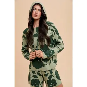 Annie Wear Flower Pattern Drawstring Hooded Top and Shorts Sweater Set