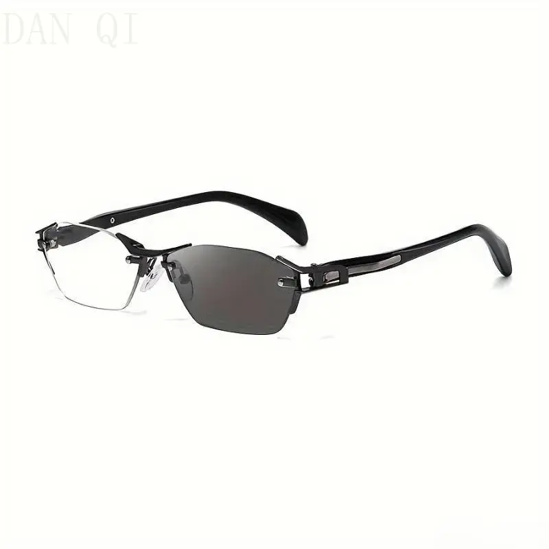 Men's Rimless Photochromic Progressive Reading Glasses - Durable Stainless Steel Frame, Anti-Fatigue High-Definition Lenses, Trendy Square Design, +1.00 to +4.00, Comfortable Eyewear for Office, Computer Use, C1 Black Golden
