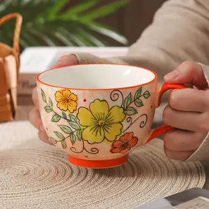 Ceramic Relief Art Mug 500ML Large Capacity Flower Pattern Breakfast Cup, Office Tea Cup Suitable for Kitchen Restaurant & Afternoon Tea, Drinkware, Ceramic Mugs