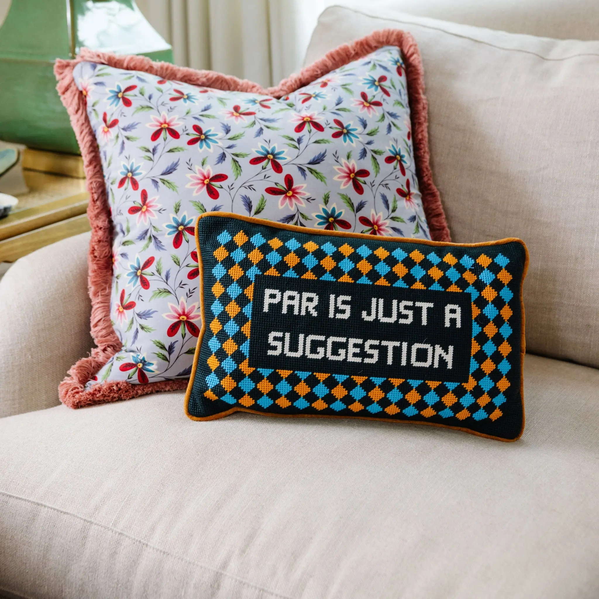 Playful Golf Challenge Needlepoint Pillow with Fun Saying, "Par Is A Suggestion" Decorative Pillow for Home Bedding