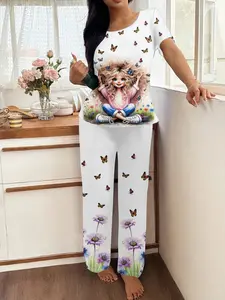 Women's Floral Butterfly Pajama Set, Casual Round Neck Tee & Elastic Waist Pants, Soft Breathable Sleepwear for All Seasons