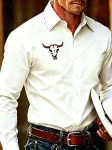 Men's Western Cowboy Style Bull Embroidery Shirt, Cowboy Print Shirt, Long Sleeve Slim fit Casual Formal Shirt, Perfect for Rodeo and Daily Wear, Menswear