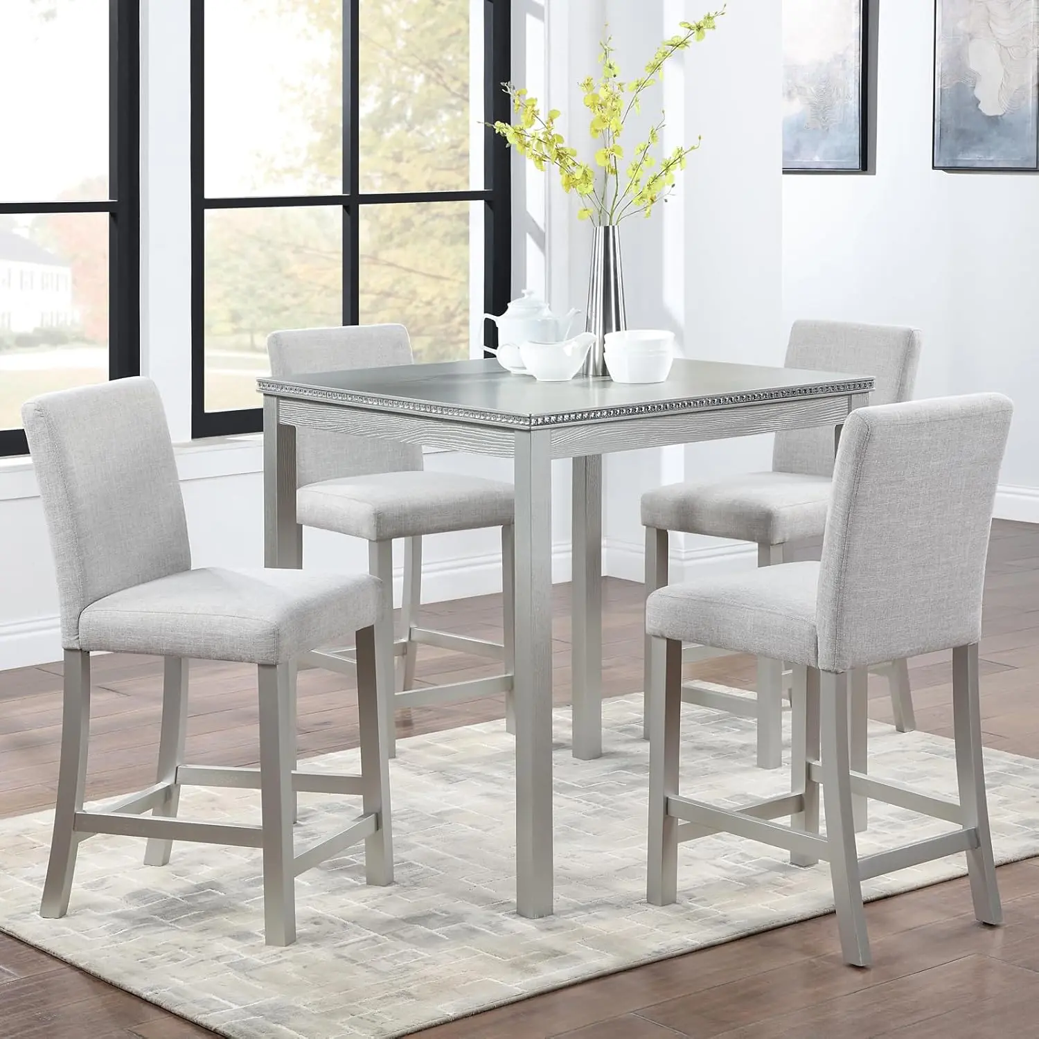 5-Piece Counter Height Dining Table Set, Square Wooden Kitchen Table with Acrylic Crystal Decoration & 4 Upholstered Chairs, Solid Wood & MDF Counter Dining Furniture,  for Dining Room Small Spaces,Silver Grey