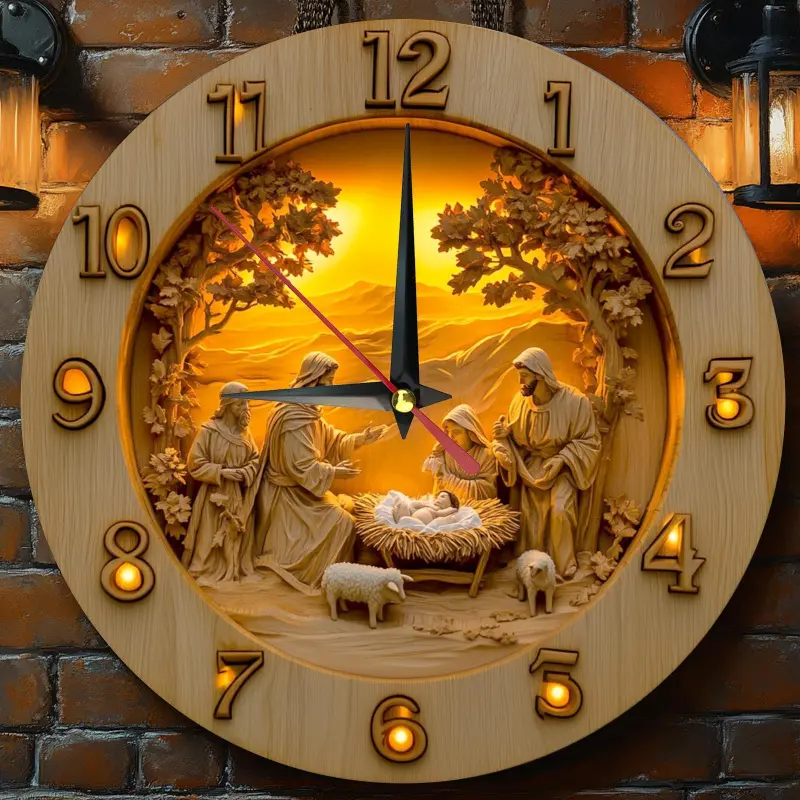 1 Piece 2D Retro Jesus Christmas Scene Wooden Round Wall Clock, Decorative Clock, Farmhouse Style Home Decor, Suitable for Kitchen, Bedroom, Office - Quiet, Silent Clock, No Batteries Needed, Perfect Mother's Day Gift, 9.8x9.8inch