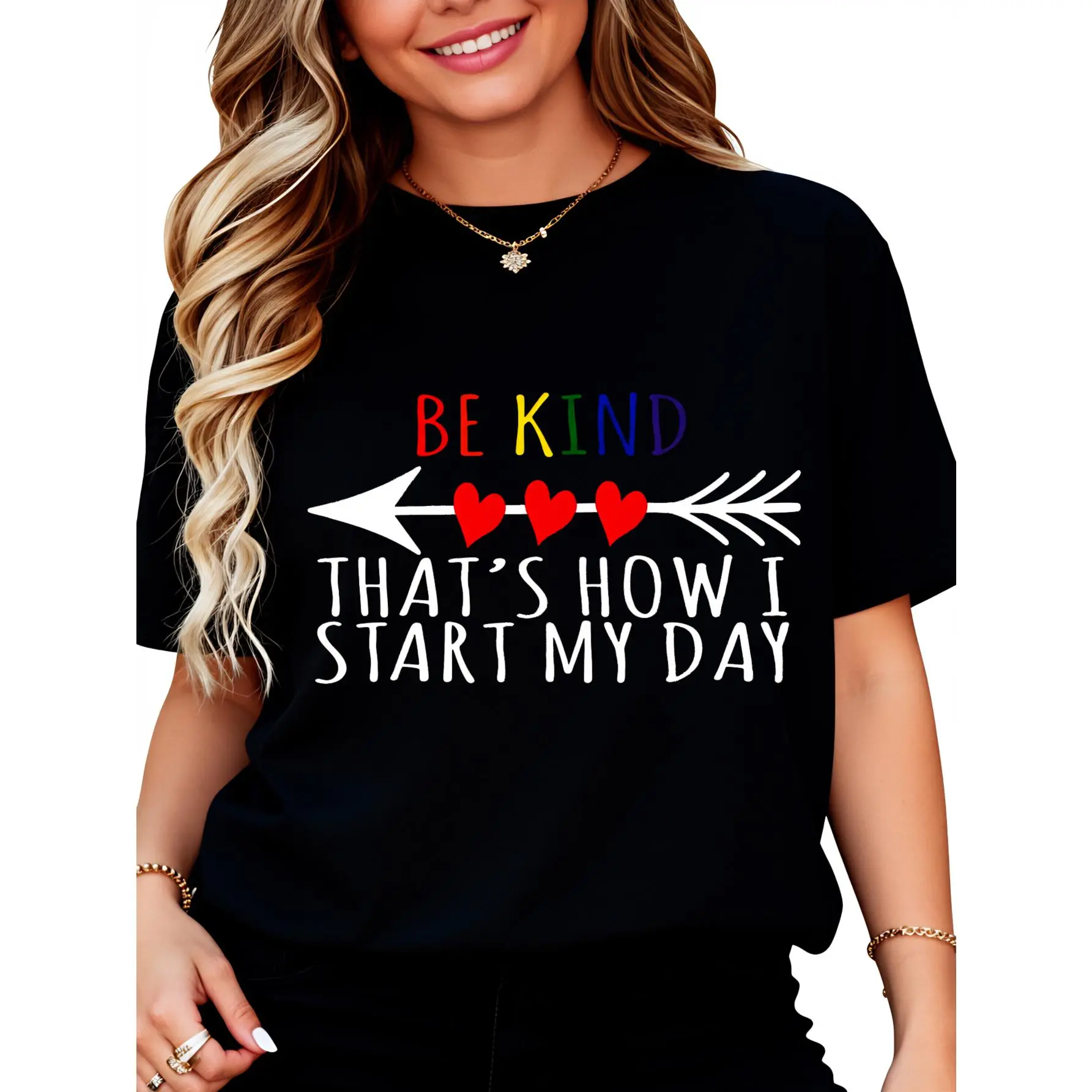 Graphic T-Shirt for Men & Women, 100% Cotton Short Sleeve Top with "Be Kind" Anti-Bullying Slogan Print