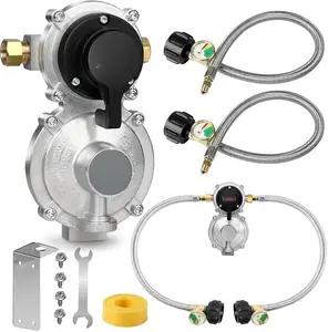 B BRAZIFY Rv  Regulator 2 Tank Hose,  Regulator 2-Stage Auto Changeover Rv  Regulator,  Tank Gauge, Dual  Tank Connection kit for RV Trailers Camper   Refill Adapter with Gauge  Fitting Adapter Valve propane