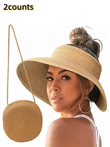2pcs Boho Geometric Straw Hat Set, Lightweight Sun Hat, Outdoor Sun Protection, Crossbody Bag & Handbag, Summer Travel Gift, Fashion Accessory for Women