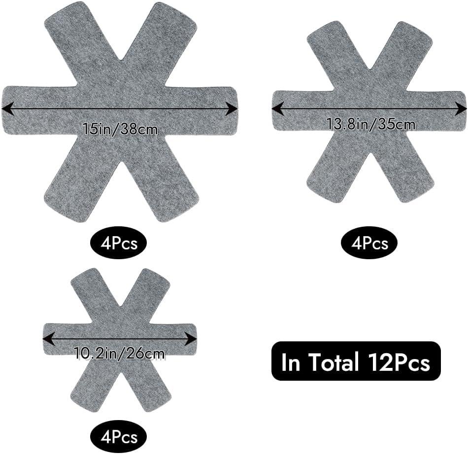 Pot and Pan Protectors, Set of 12 and 3 Different Size, Cookware Dividers Pads/Stacking Pan Protectors/Pot Separators Pads for Protecting and Separating Pots Pans