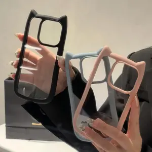 Transparent Cat Ear Minimalist Phone Case for iPhone 17 16 15 14 13 12 11 Pro Max TPU Soft Shell Shockproof Casing with Adorable Design Protection