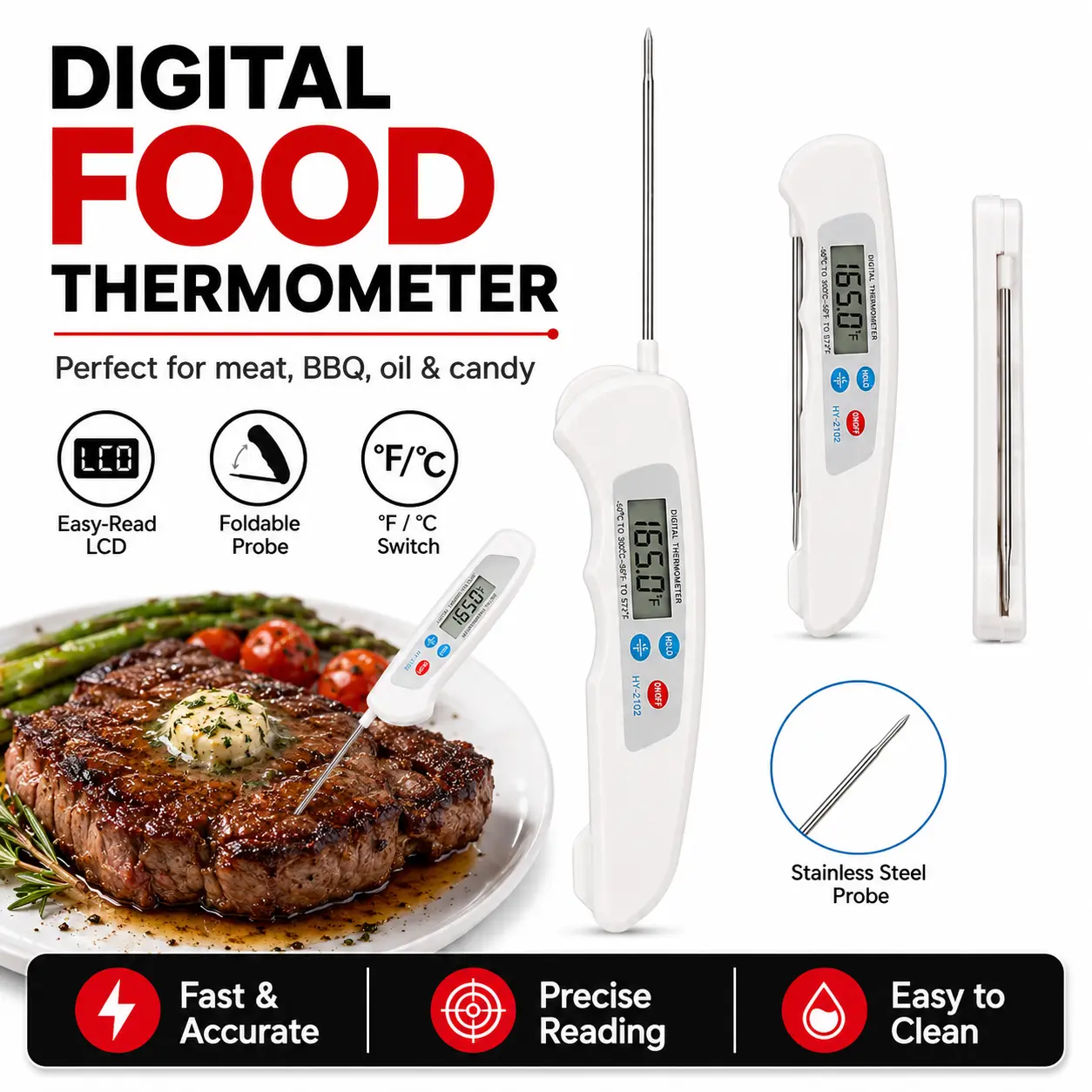 Handheld Digital Instant Read Plastic Meat Thermometer - Accurate Indoor Food Temperature Tester for Grill, Baking, Oil