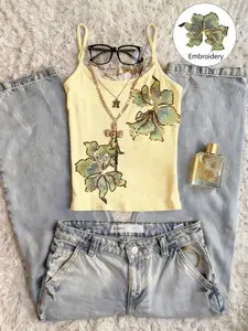 Women's Gold Floral Embroidered Halter Top, Y2K Luxe Spice Girl Chic Style, Slim-Fitting Short Design, Perfect for Parties and Dates, Embroidery