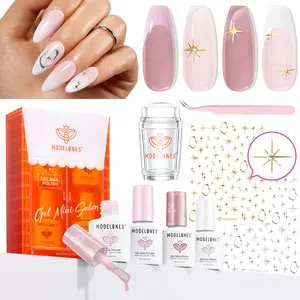 Modelones French Manicure Kit - Jelly Nude White Pink Sheer Gel Nail Polish Set with Silver Gold Stickers & French Tip Stamper Tool for Women Girls DIY Nail Art Gift