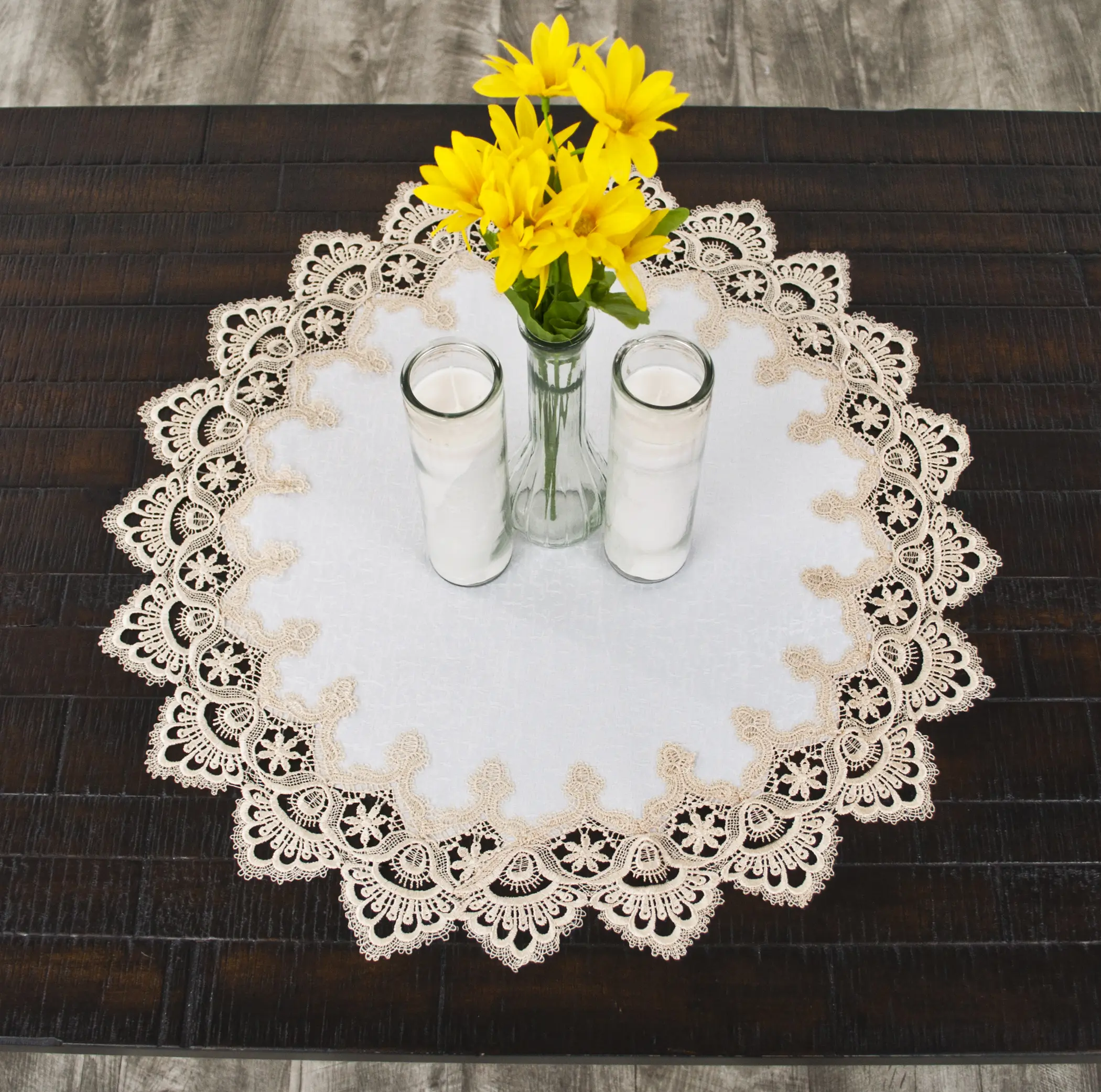 Linens Art And Things - Classic, Wrinkle-Resistant, Durable Gold European Lace & Antique Jacquard Fabric Round Doily Table Topper (23in/33in) - All Seasons, Machine Washable