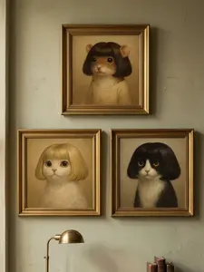 Whimsical Pet Portraits in Wigs with Bob Haircuts Canvas Wall Art Quirky Animals with Fringe Bangs Vintage Oil Painting Style Home Decor Surreal Golden Background Unframed Poster for Living Room Cute Cat Dog Mouse Art Premium Canvas Poster Prints
